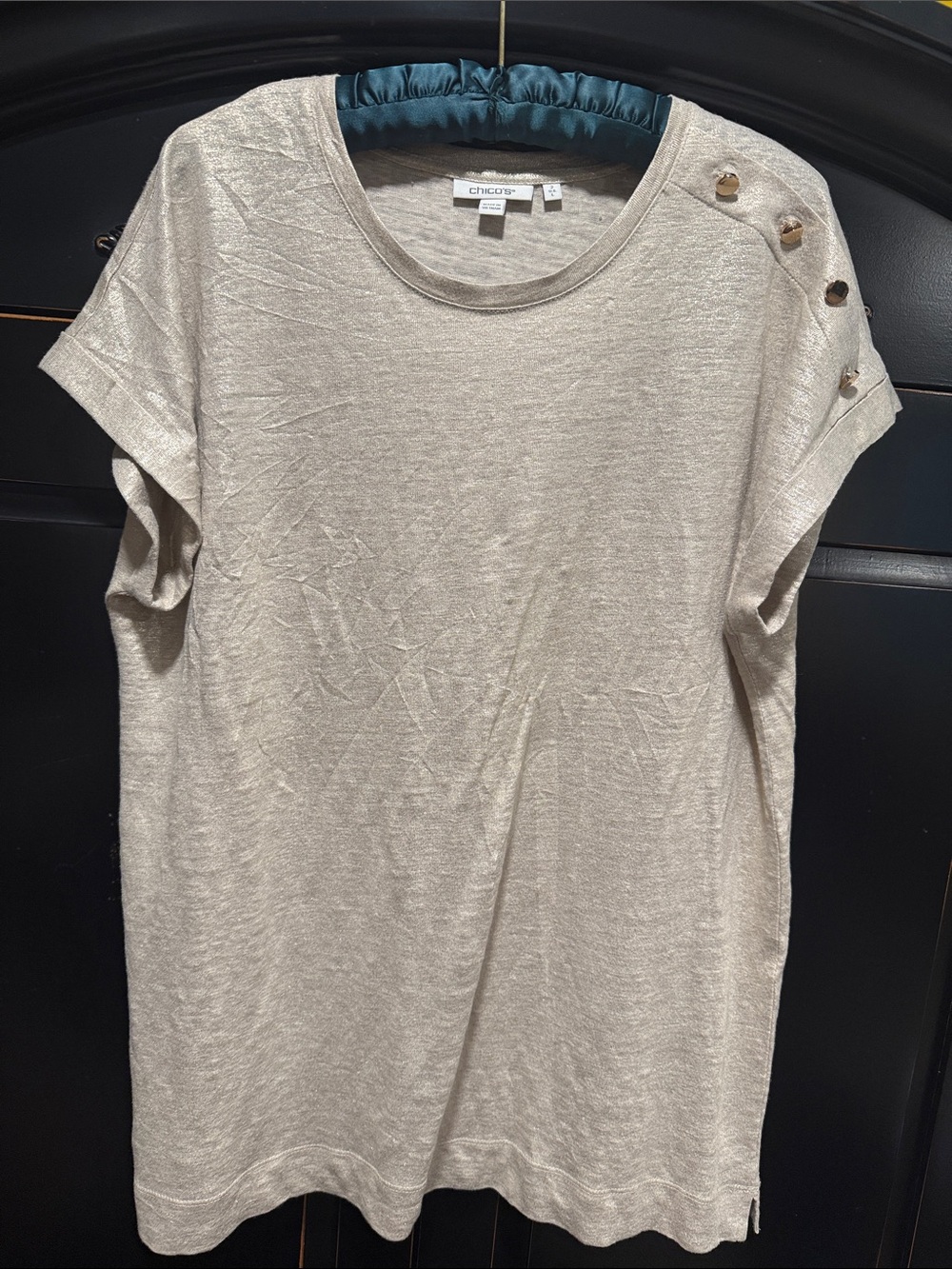 Chico's Pale Gold Short Sleeve Top with Gold Shoulder Buttons